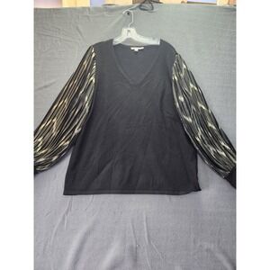 CHICO'S Black Gold Shimmer BALLOON PUFF SLEEVE TOP Peasant Boho V-Neck Sz Large